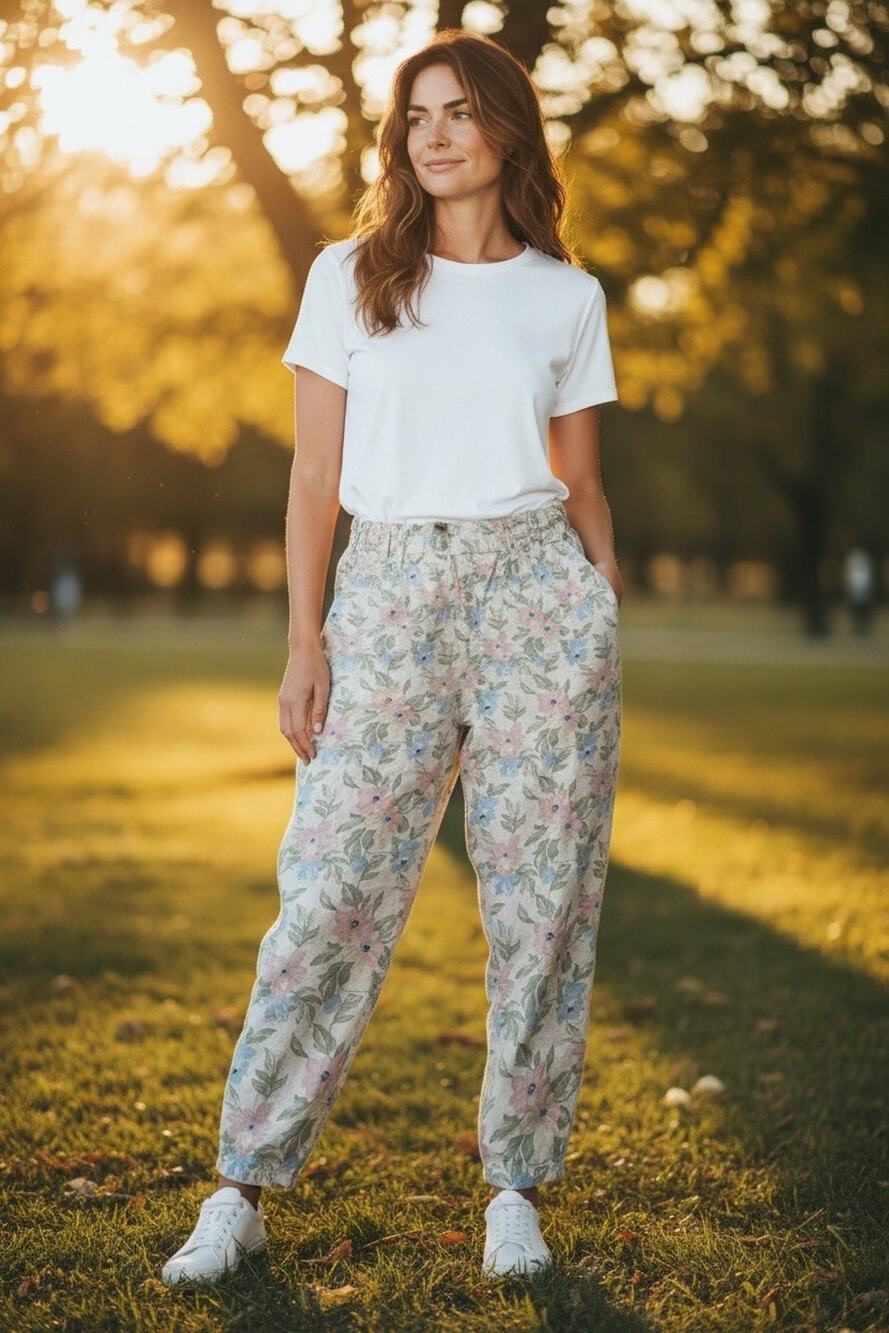 Vintage 90s Pastel Floral Linen Pants TARAZZIA Size Large Cottage Coastal Boho